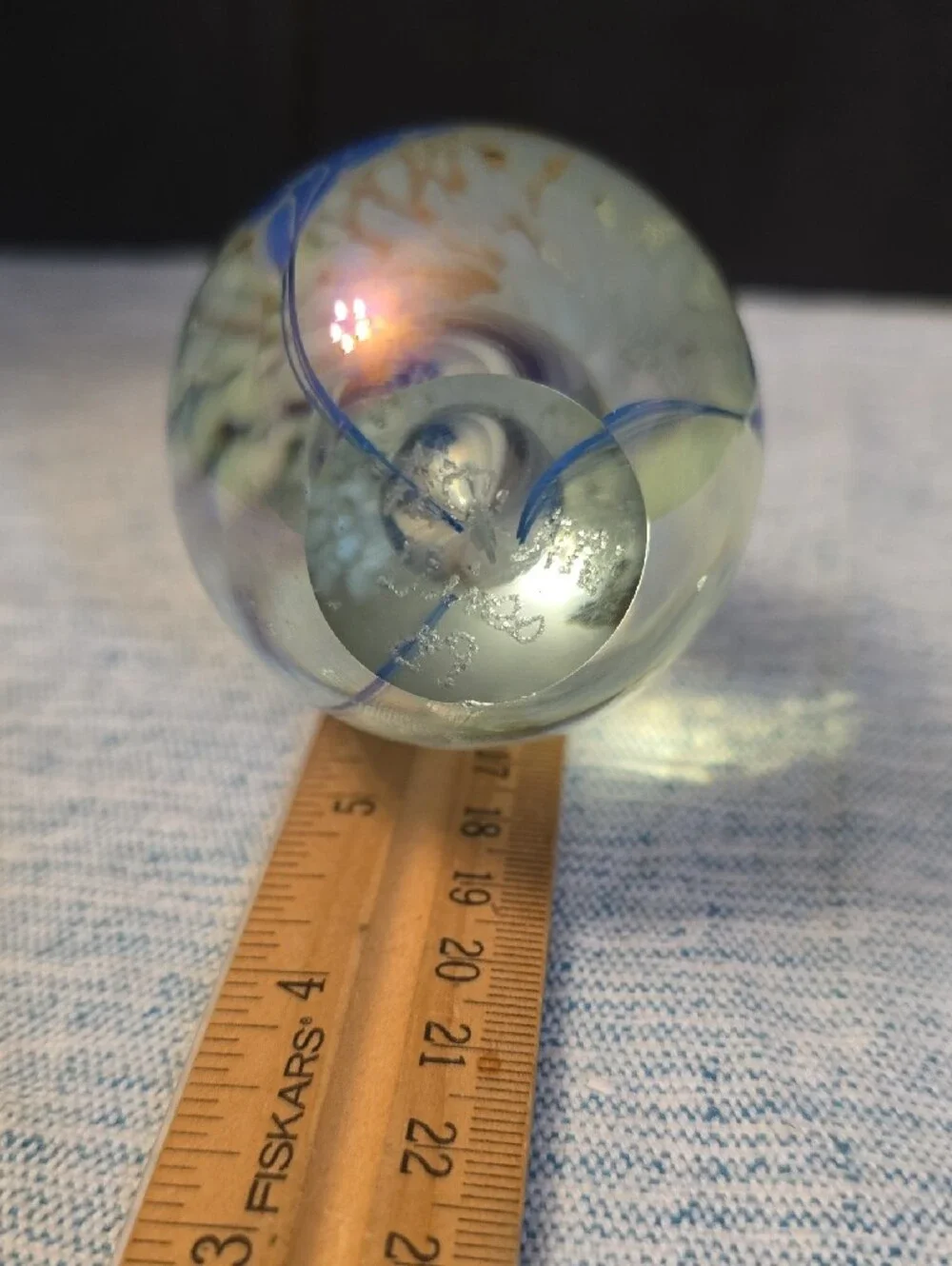 Vines Signed 1989 Handblown Blue Glass Egg Paperweight with Iridescent Detail